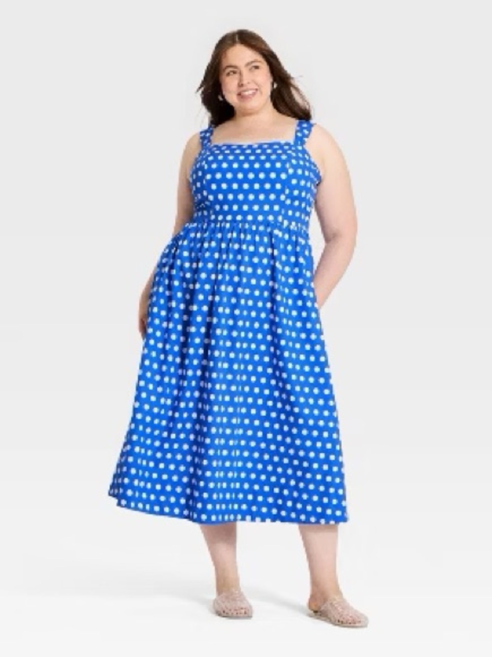 a new day Blue Polka Dot Midi Dress with Square Neckline